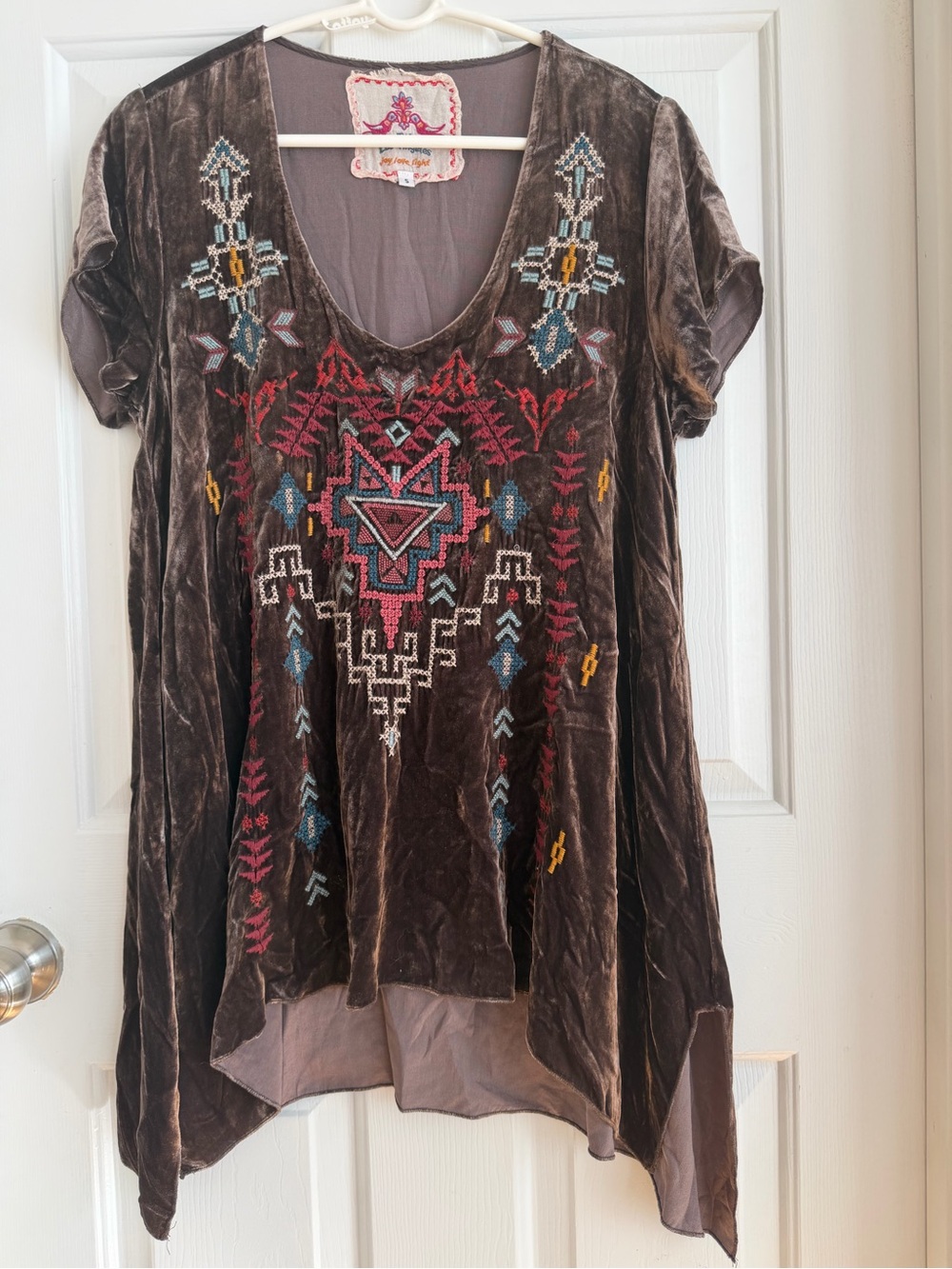 Boho Velvet Embroidered Tunic Top - Brown
